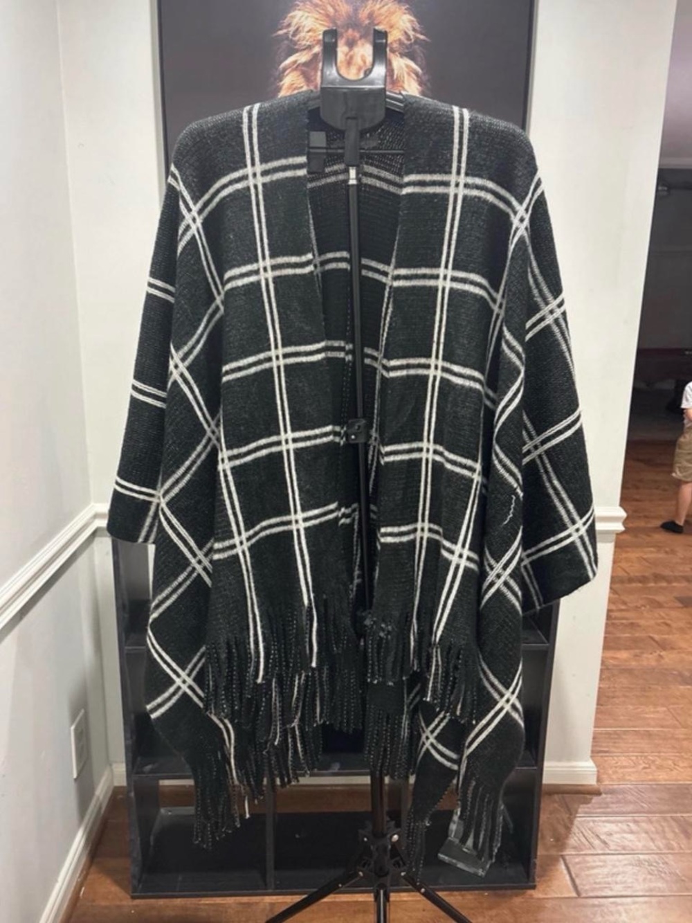 Vince Camuto Black & White Plaid Fringe Poncho